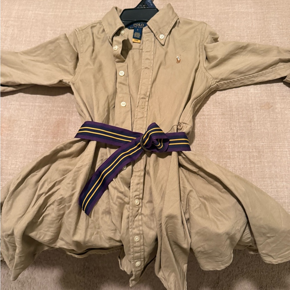 Polo Ralph Lauren Kids Tan Button-Down Shirt Dress with Stripe Belt